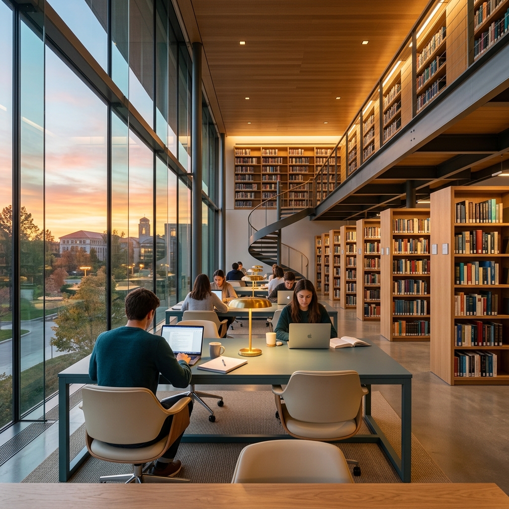 Quiet library shelves used while reading for an education doctorate